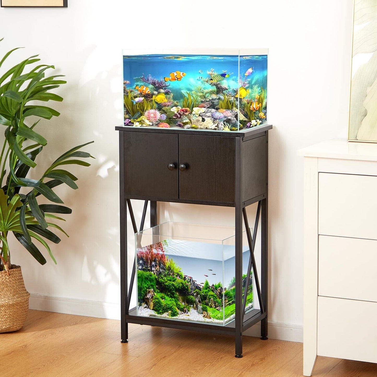 10 Gallon Fish Tank Stand with Cabinet, Double Aquarium Stand for 10 & 5 Gall...