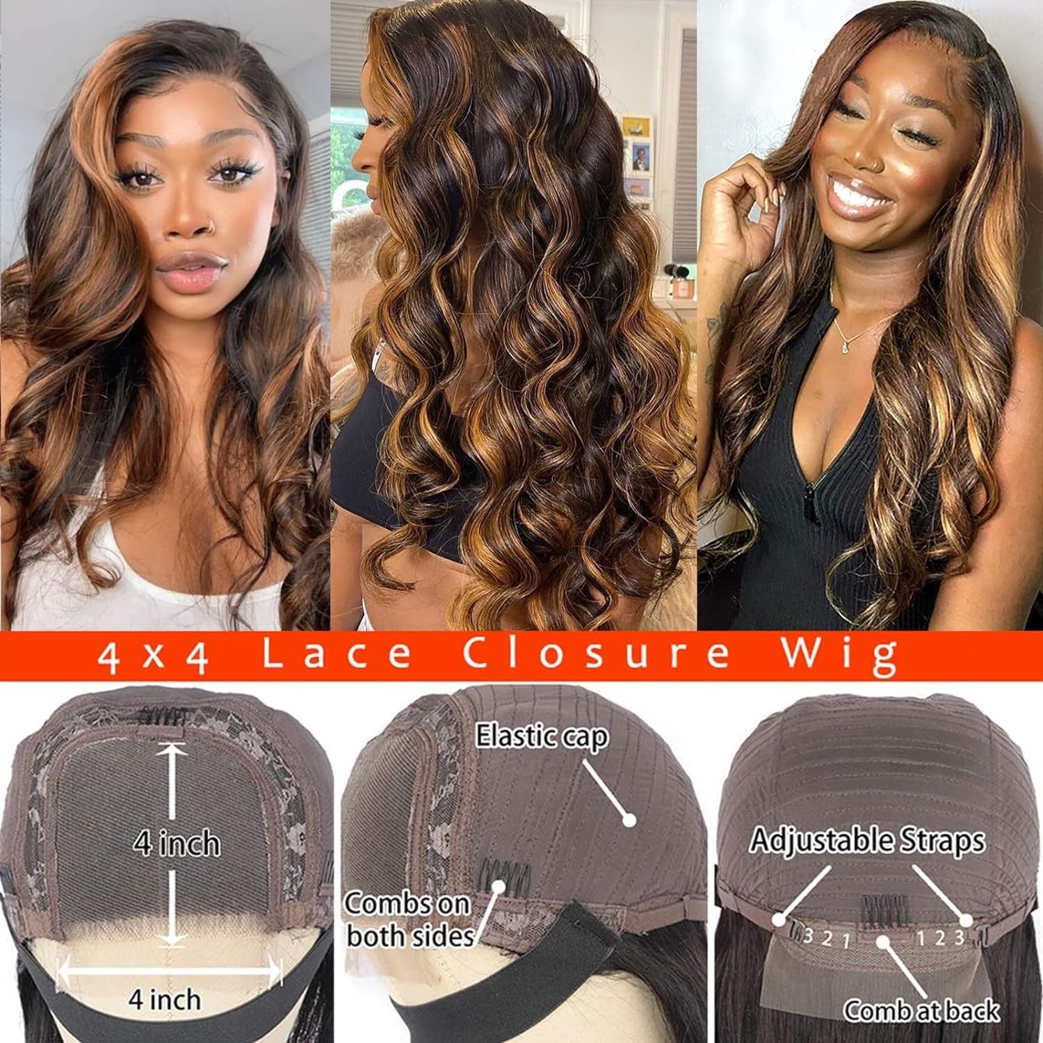 Black Brown Highlight Ombre Lace Front Wig Human Hair Honey Blonde Ombre Lace Front Wig Glueless Body Wave Lace Closure Wigs 4X4 Pre Plucked Bleached Knots for Women Balayage 26 Inch